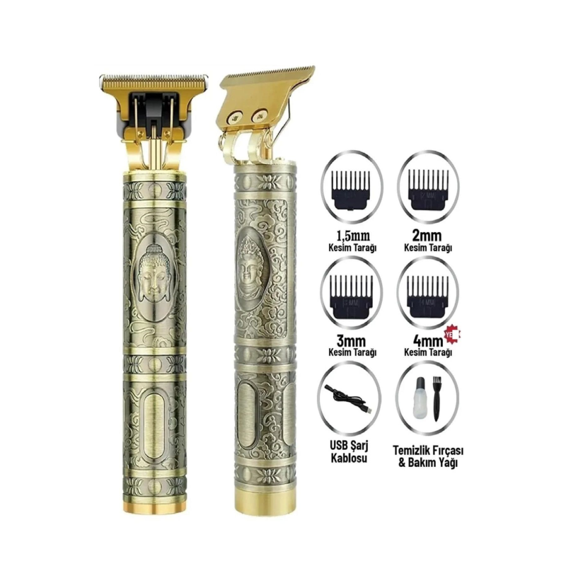 Vintage Görünümlü USB Şarjlı Tıraş Makinesi | 4 Farklı Başlık – Güçlü Motor