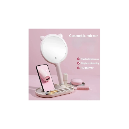 Makyaj Aynası USB Şarjlı LED Işık Kozmetik Ayna Pembe Kedi Kulak Masa Aynası