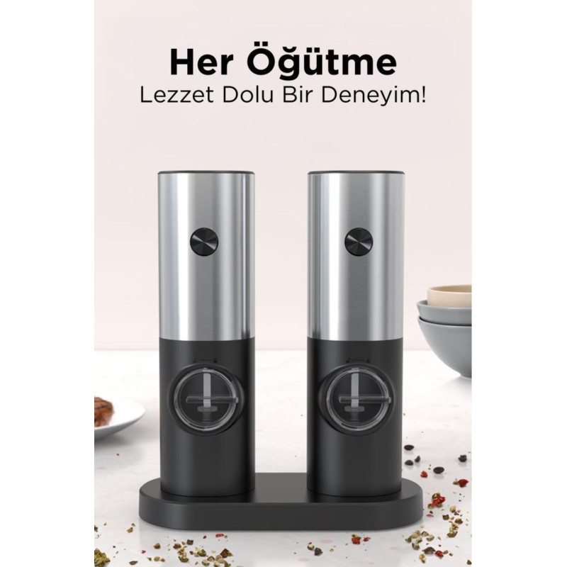Pilli Işıklı Otomatik Yeni Nesil Tuz Karabiber Değirmeni Baharat Öğütücü