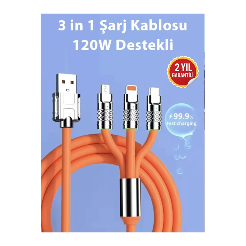120W Destekli 3 in 1 Şarj Kablosu Tek Kablo, Üç Bağlantı!