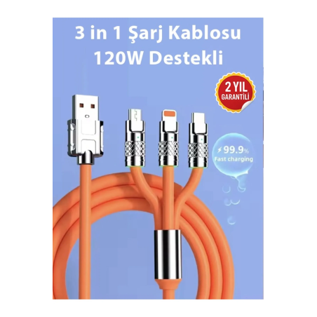 120W Destekli 3 in 1 Şarj Kablosu Tek Kablo, Üç Bağlantı!