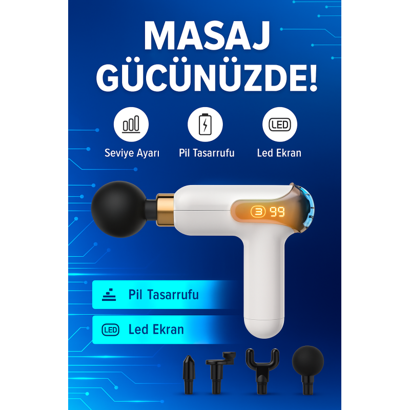 Beyaz Darbeli Titreşimli Şarjlı Sporcu Masaj Tabancası Masaj Aleti Kas Egzersiz Aleti