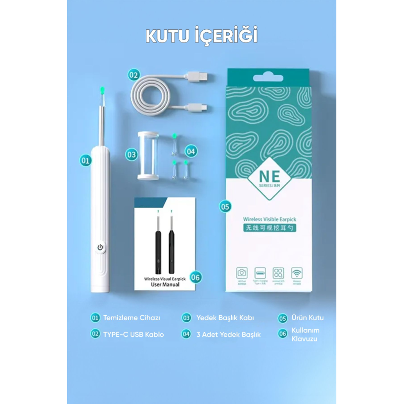 Kameralı Led Işıklı Kablosuz Kulak Temizleme Cihazı 1080p Wi-fi Ios Ve Android Uyumlu